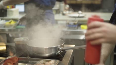 chef sazonando comida en una cocina