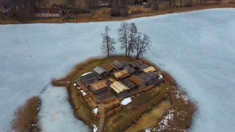 araisi lake castle in latvia aerial shot from above