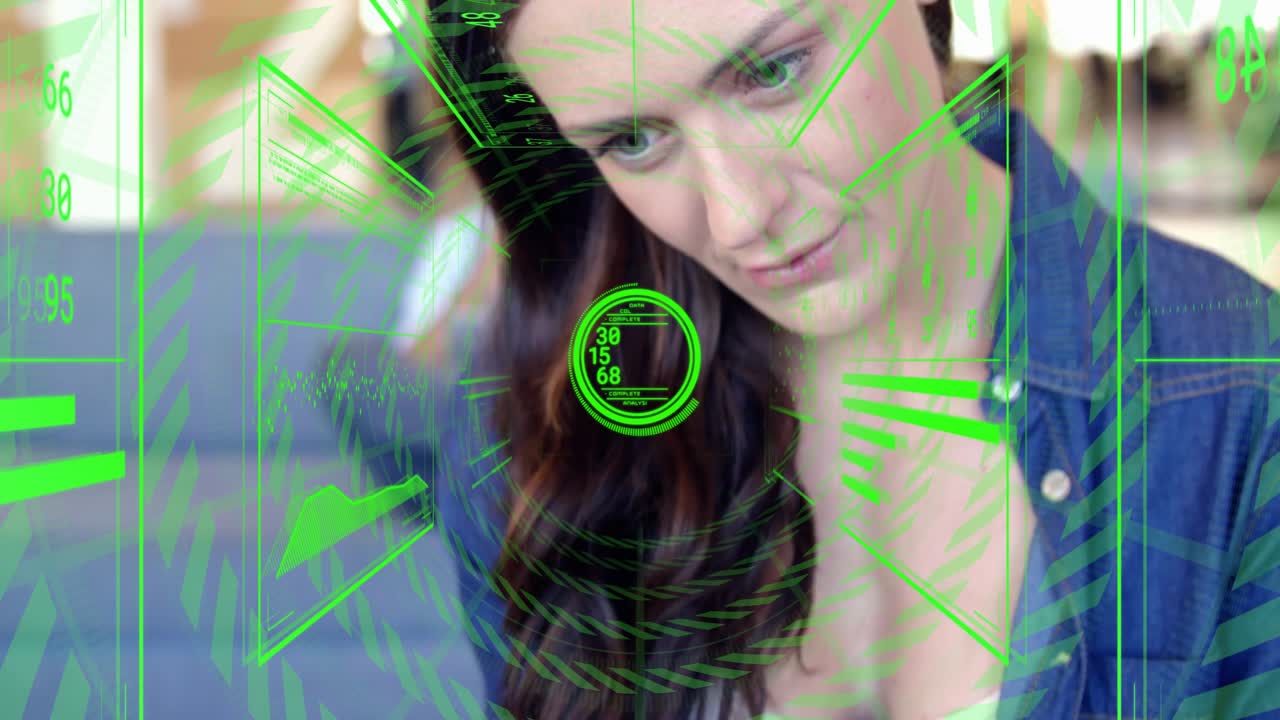 Woman holding tablet and engaging green HUD, leaning in and reading ring reticle for tech analysis