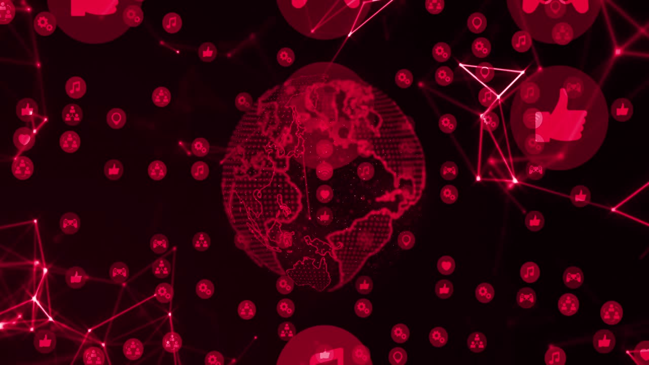 회전하는 지구상에서 디지털 아이콘과 연결의 네트워크의 애니메이션