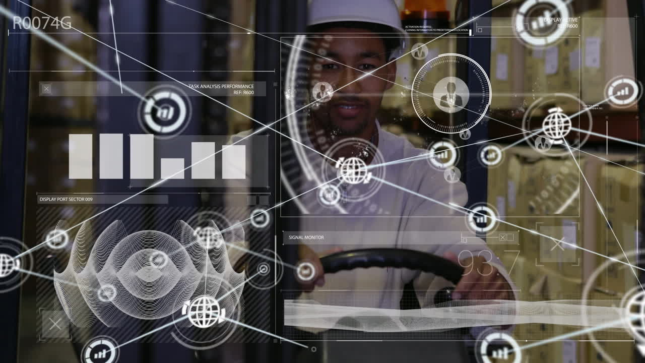 animación del procesamiento de datos sobre un trabajador afroamericano en un almacén.