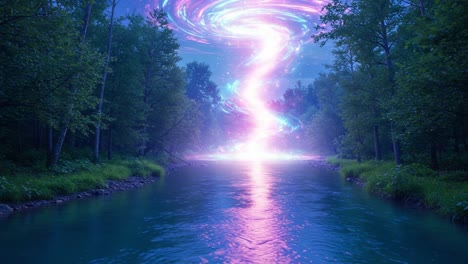 A Captivating Scene of a Magical Swirling Light Phenomenon Above a Serene River, Surrounded by Lush Greenery and Ethereal Reflections in a Twilight Setting