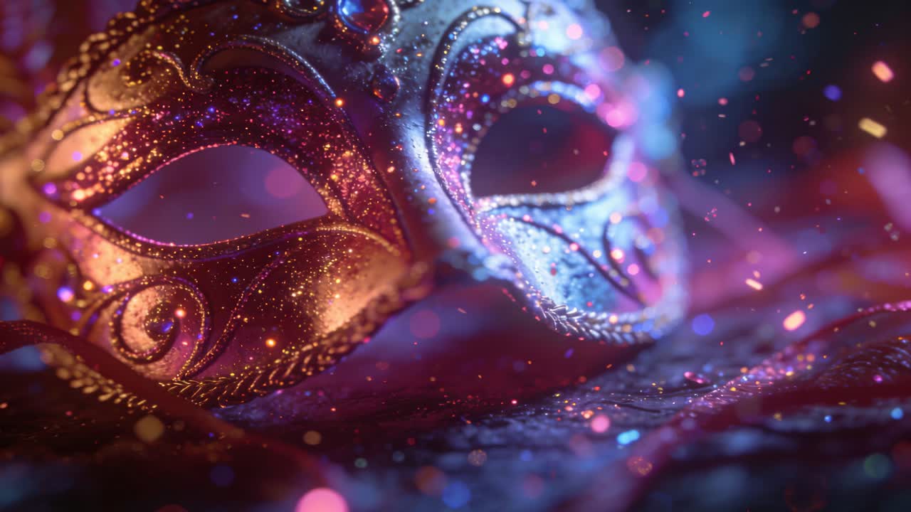 Il fuoco della telecamera si sposta rivelando una maschera ornata su tessuto di raso, con glitter e bokeh che aggiungono brillantezza.