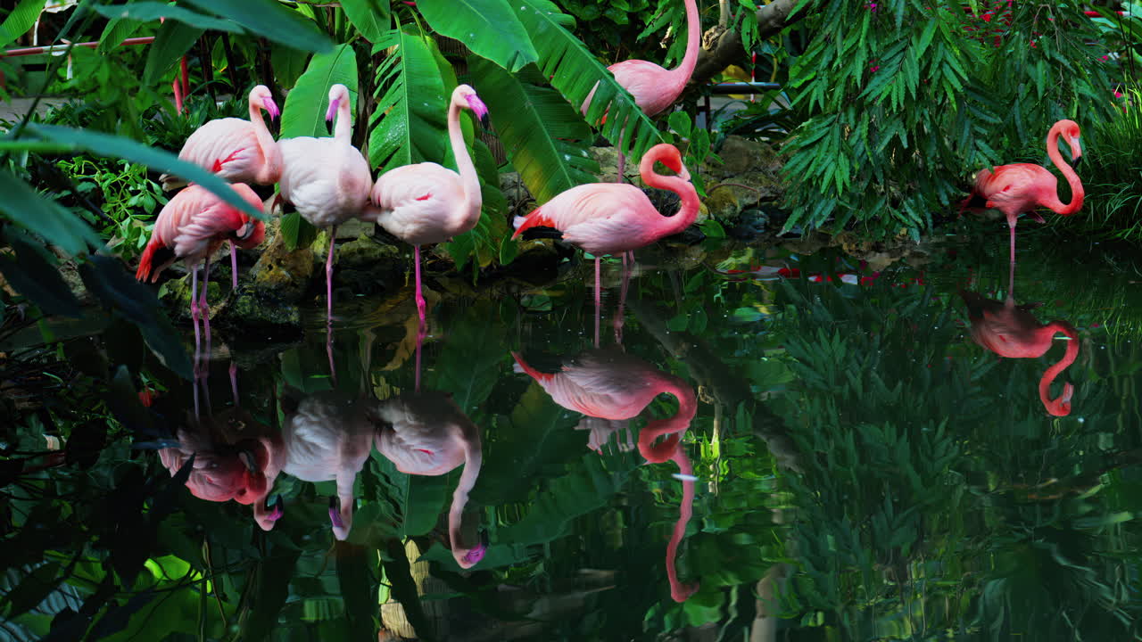 Close up of beautiful, pink flamingos standing in water at a zoo