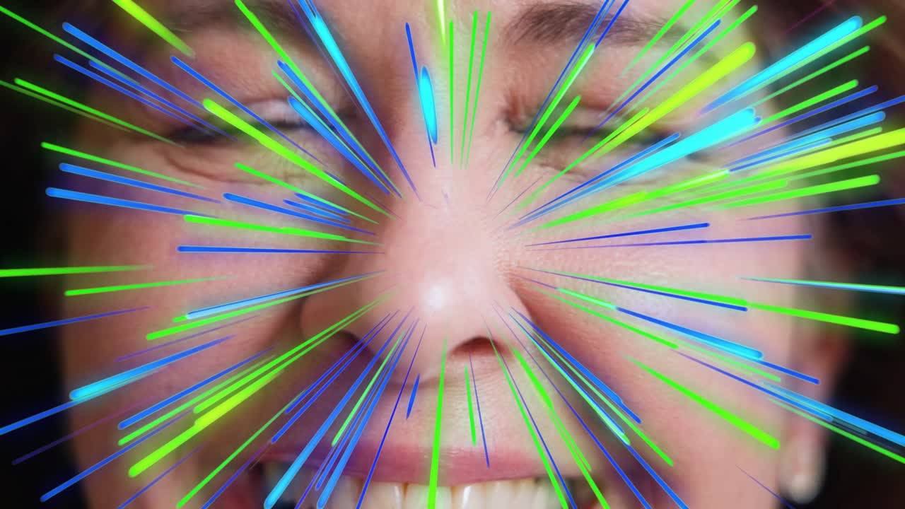 Senior woman blinking, smiling in close-up, neon rays pulsing from nasal bridge, reacting to tech