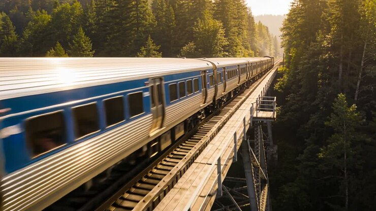 Moving silver train entering left edge, crossing high trestle to span forest ravine with sunlight