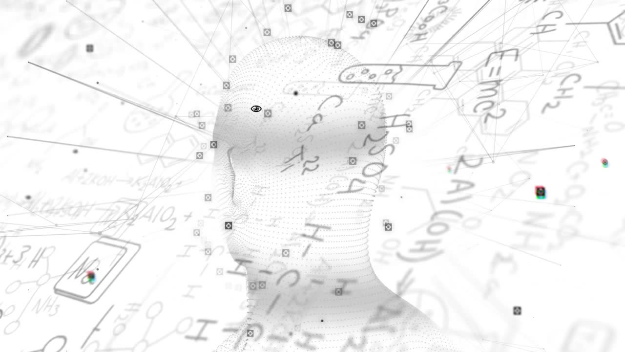 Mathematical equations and symbols animation over abstract human head silhouette
