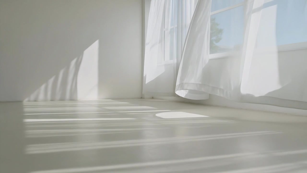 Tenda ondeggiante che fluttua nella stanza, corrente d'aria che entra dalla finestra muovendo fasce di luce, spazio per il testo.