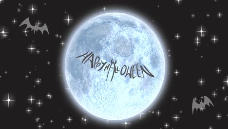 animation of happy halloween text over moon and night sky