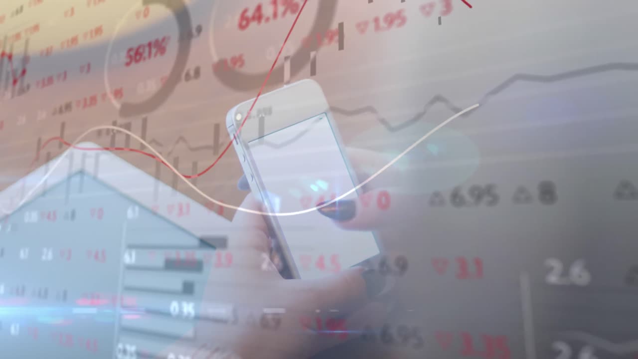 Animation of financial data processing over man using smartphone with blank screen