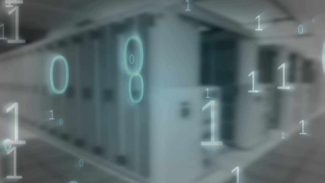 Binary code animation over data servers in modern data center