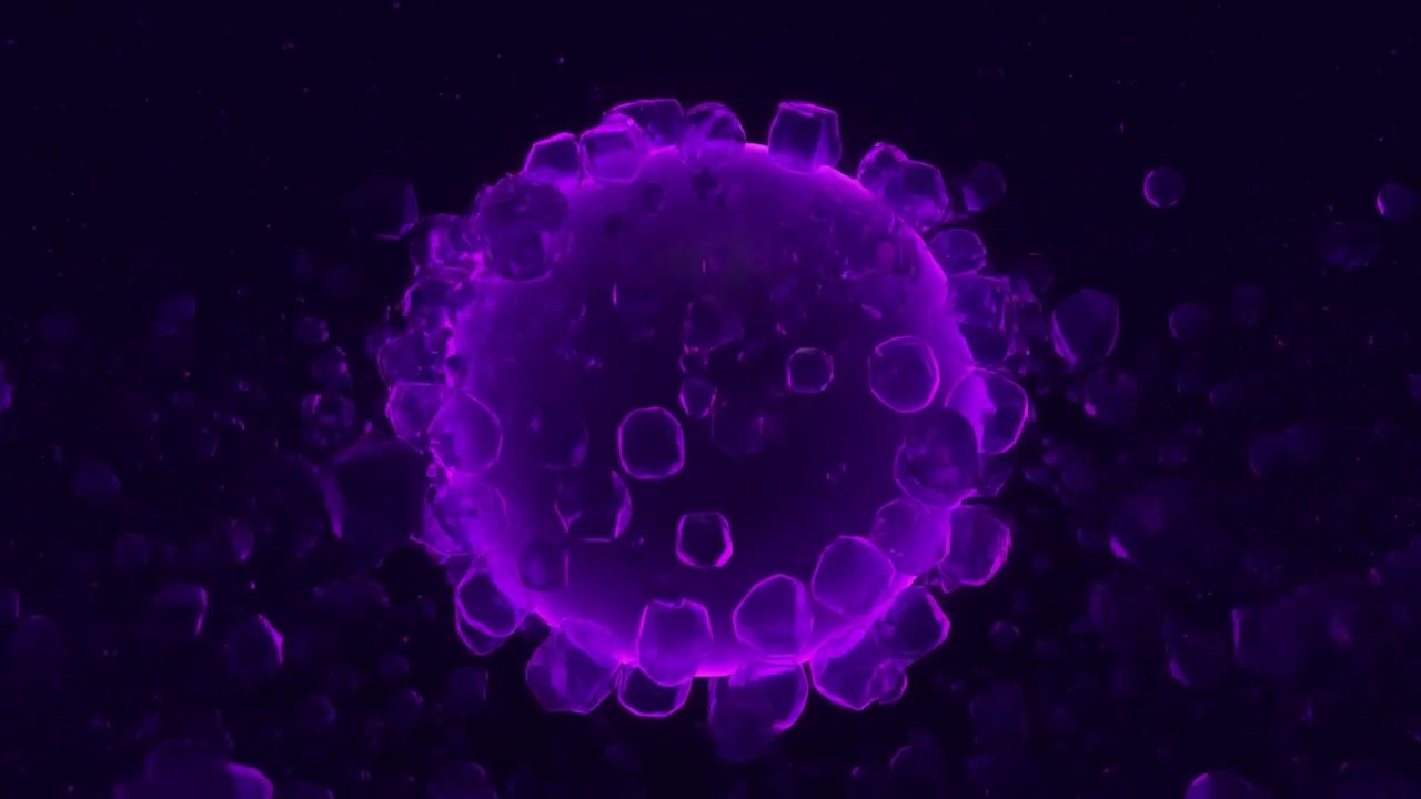 Sfera viola luminosa che si forma da particelle geometriche astratte