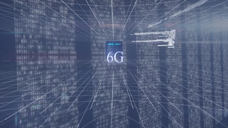 animation of data processing and 6g over servers on navy background