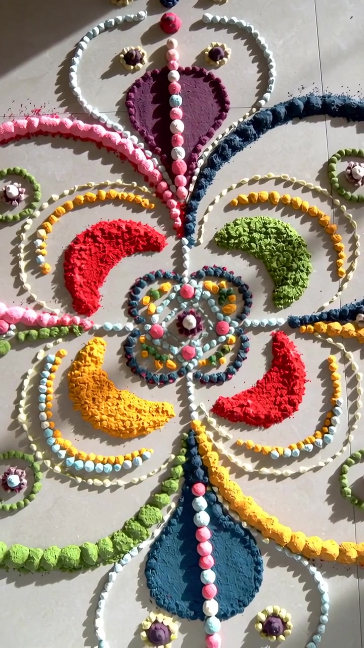 Video verticale: Telefono che panoramica lentamente su un colorato rangoli su un pavimento piastrellato, rivelando perline.