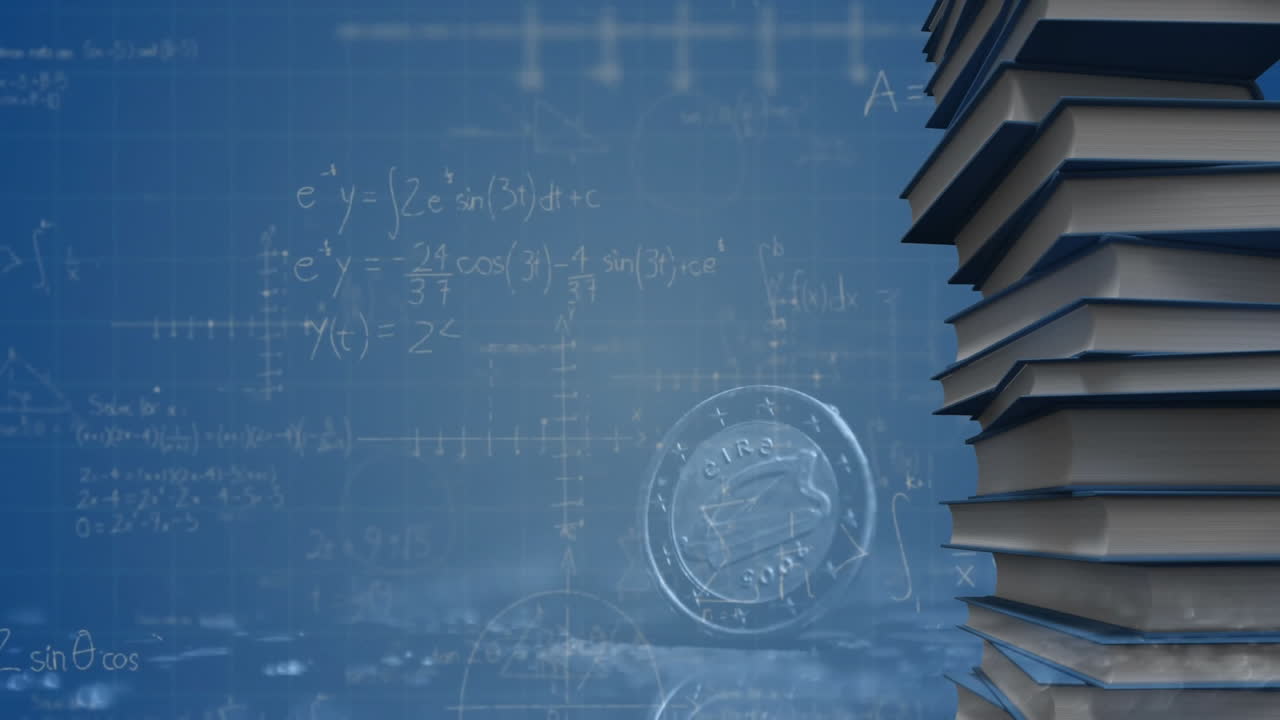 animación del procesamiento de datos matemáticos sobre monedas y libros