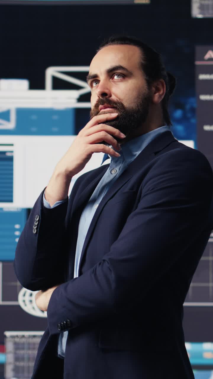 Vertical Video Modern business leader thinking about new successful ideas for growth