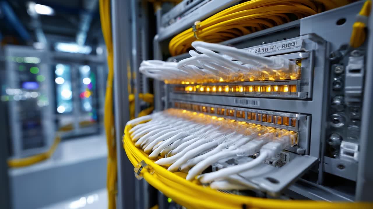 High-Tech Data Center Infrastructure with Illuminated Network Switches and Cable Management for Efficient Connectivity and Data Transfer