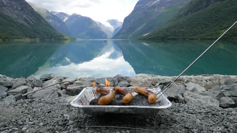 Grilling-sausages-on-disposable-barbecue-grid.