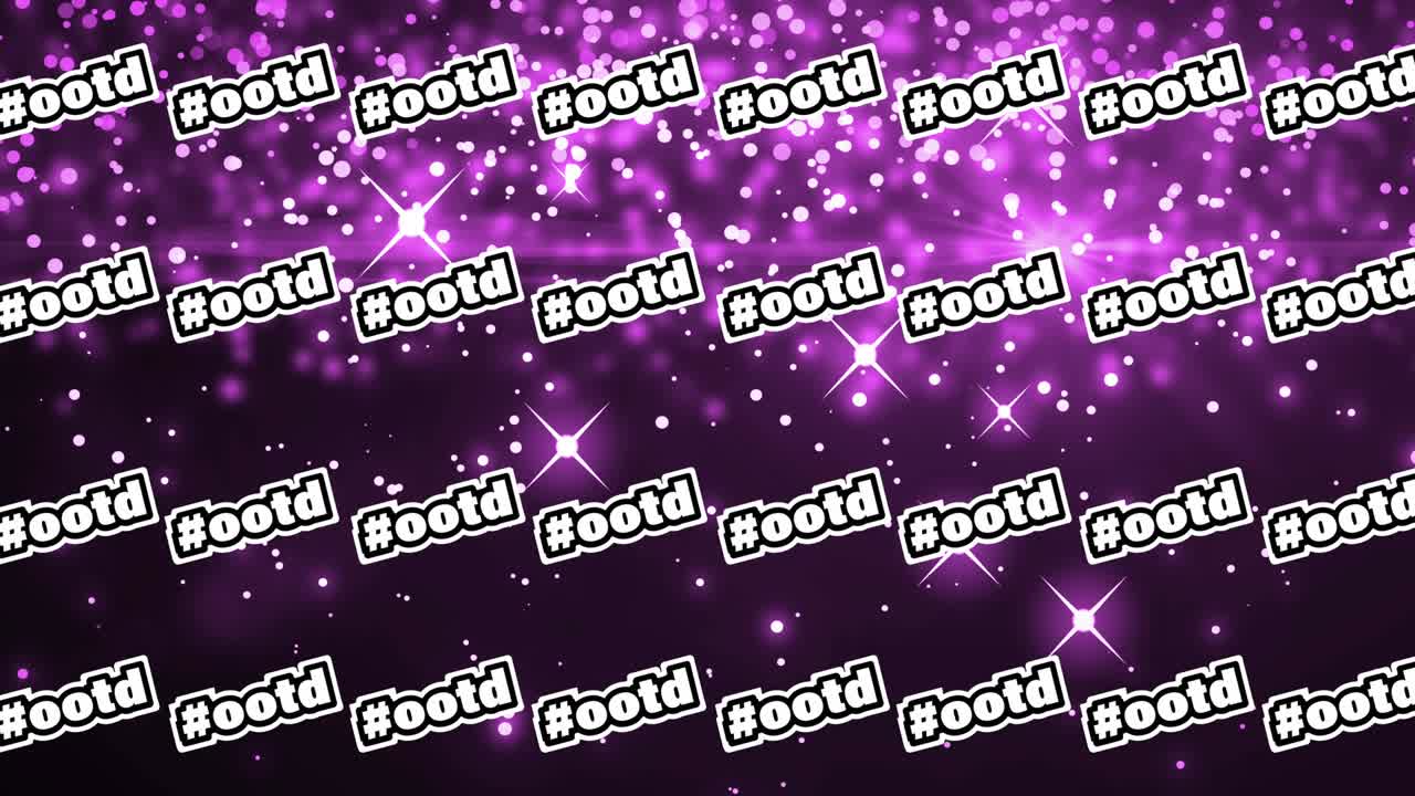 보케 위에 반복된  ⁇ 색으로 해시태그 ootd 텍스트의 애니메이션  ⁇ 색 빛과 보라색에 렌즈 플레어