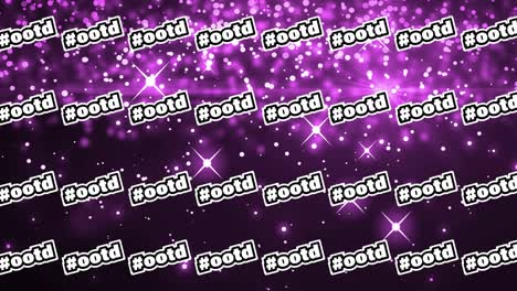 animation of hashtag ootd text in white repeated over bokeh white lights and lens flare on purple