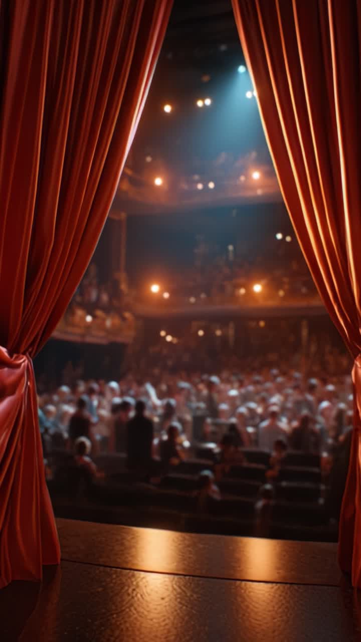 Una vista accattivante dal sipario del palcoscenico, che rivela un pubblico vivace in un teatro elegante, scintillante di luci e anticipazione per lo spettacolo imminente.
