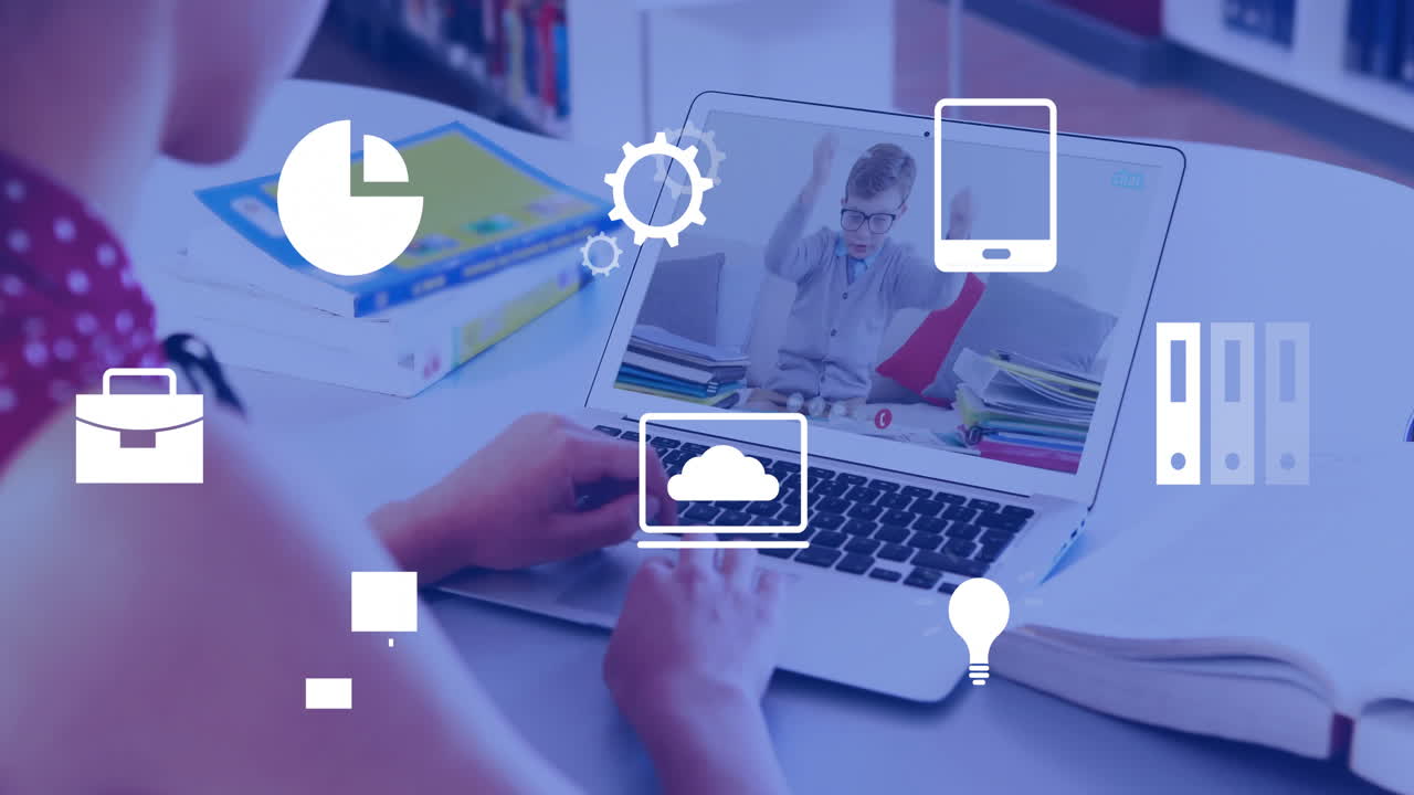 Animation of business icons over caucasian female teacher having school video call with student