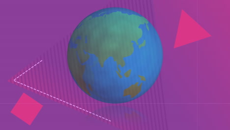 animation of spinning globe over abstract shapes on purple gradient background with copy space