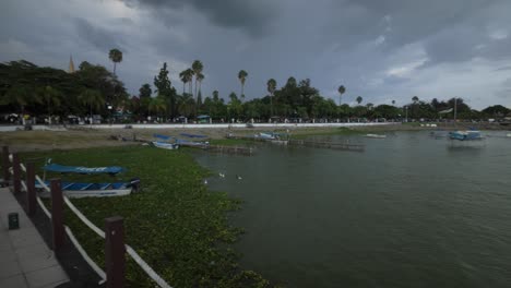 panorama of lake chapala from rinconcito de amor on cloudy day in chapala, jalisco, mexico. panning shot