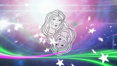 Animation-Des-Sternzeichens-Zwillinge-über-Dem-Universum-Und-Leuchtenden-Sternen