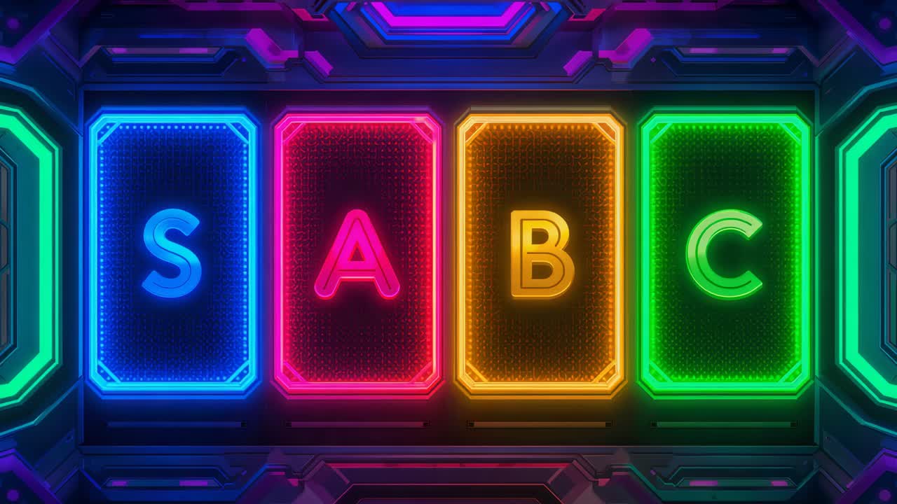 Starting sequence animating four neon letter cards cycling border hues across metal wall, honeycomb