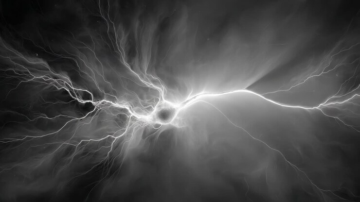 Impulsi dinamici di energia catturati in splendidi contenuti visivi ad alto contrasto, che mostrano correnti elettriche ed effetti di illuminazione drammatici in un ambiente monocromatico