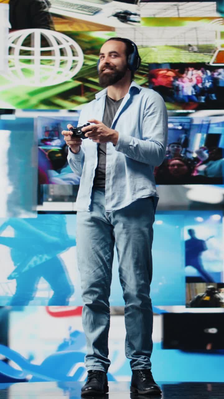 Vertical Video Young casual guy enjoying online web connection in digital world