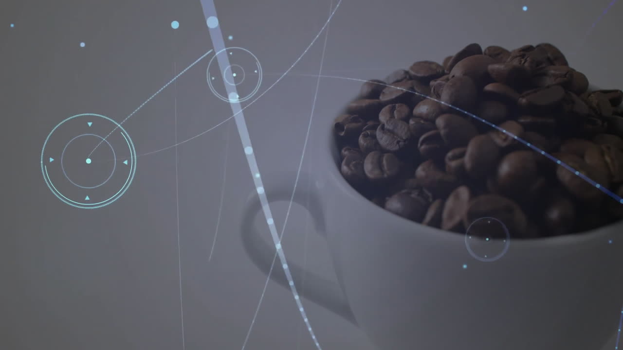 Dark roasted coffee beans drifting inside white ceramic mug with light?blue HUD graphics