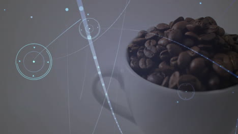dark roasted coffee beans drifting inside white ceramic mug with light?blue hud graphics