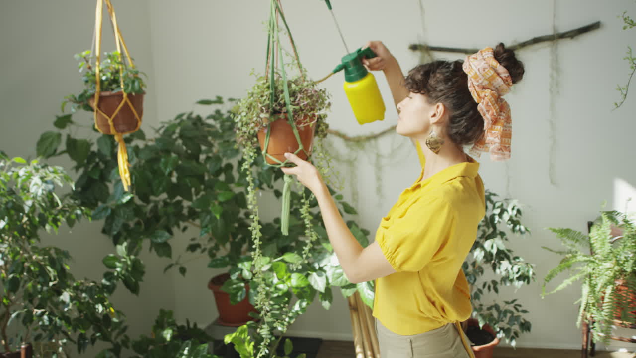 Woman Taking Care of Plants at Home