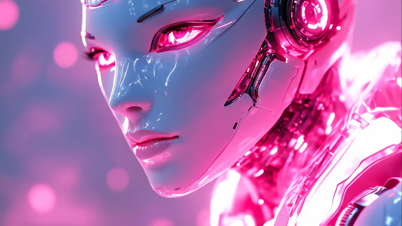 Glowing robot in future city. A detailed robot face is illuminated by vibrant pink lights in a sleek, advanced futuristic environment