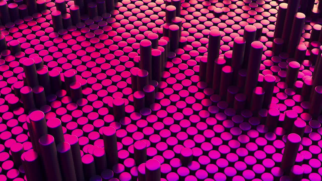 Abstract pink blue purple gradient background with cylinders. Ceramic round tiles. Geometry pattern. Random cells. Polygonal glossy surface. Futuristic abstraction. Seamless loop 3d animation of 4K