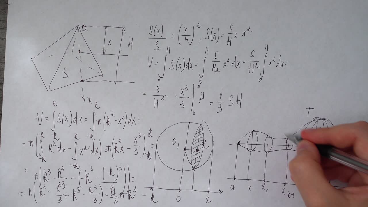 Close-up of Hand Writing Mathematical Formulas and Geometric Diagrams