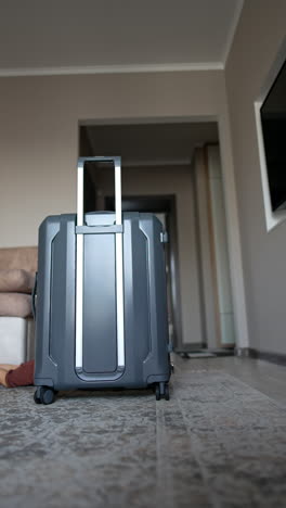 Little toddler kid crawls by the floor hiding behind the suitcase. Cute baby plays hide-and-seek and crawls to the camera. Black cat at backdrop. Vertical video.