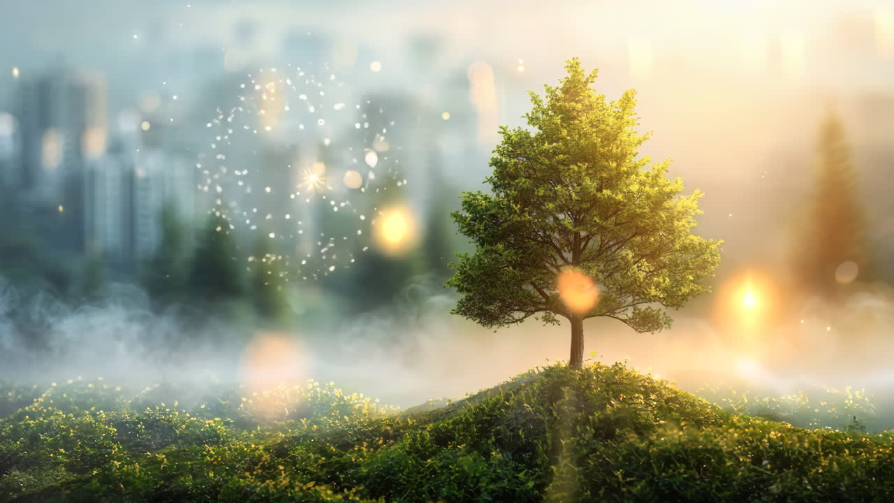 A tree is growing in a field with a foggy atmosphere. The tree is surrounded by a lot of greenery, and it is the only object in the scene. The foggy atmosphere gives the image a peaceful