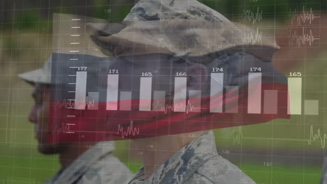 animación del procesamiento de datos sobre la bandera de rusia y diversos soldados varones