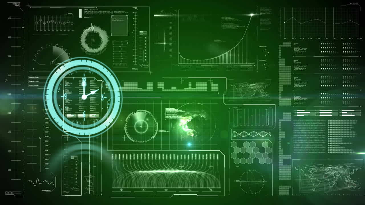 Animation of neon ticking clock over interface with data processing against green background