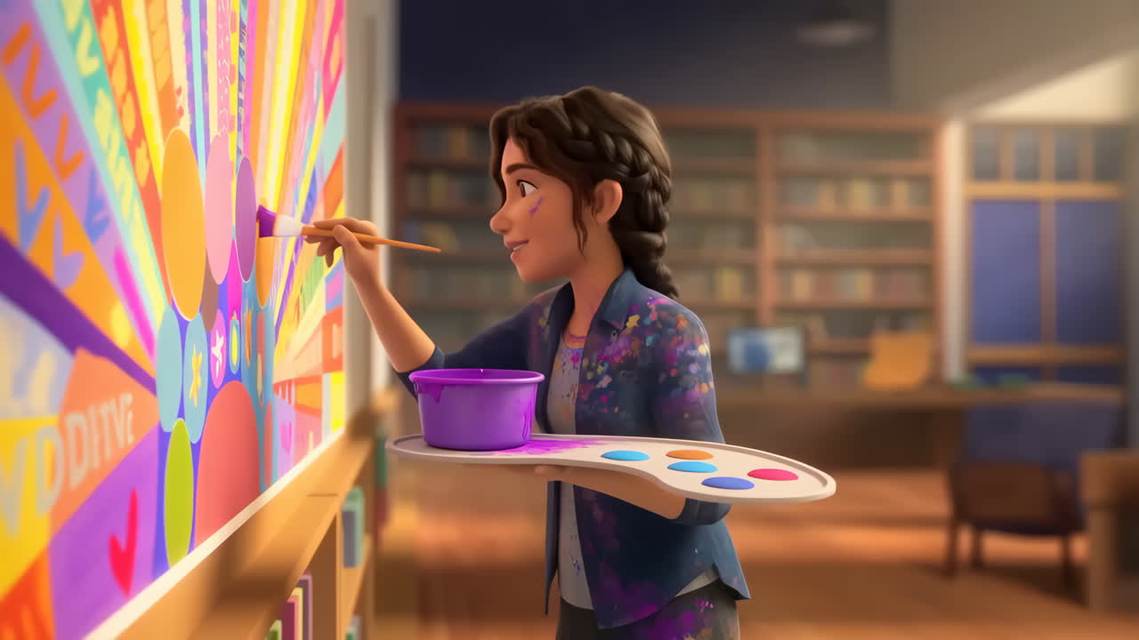 Animated woman painting a colorful mural