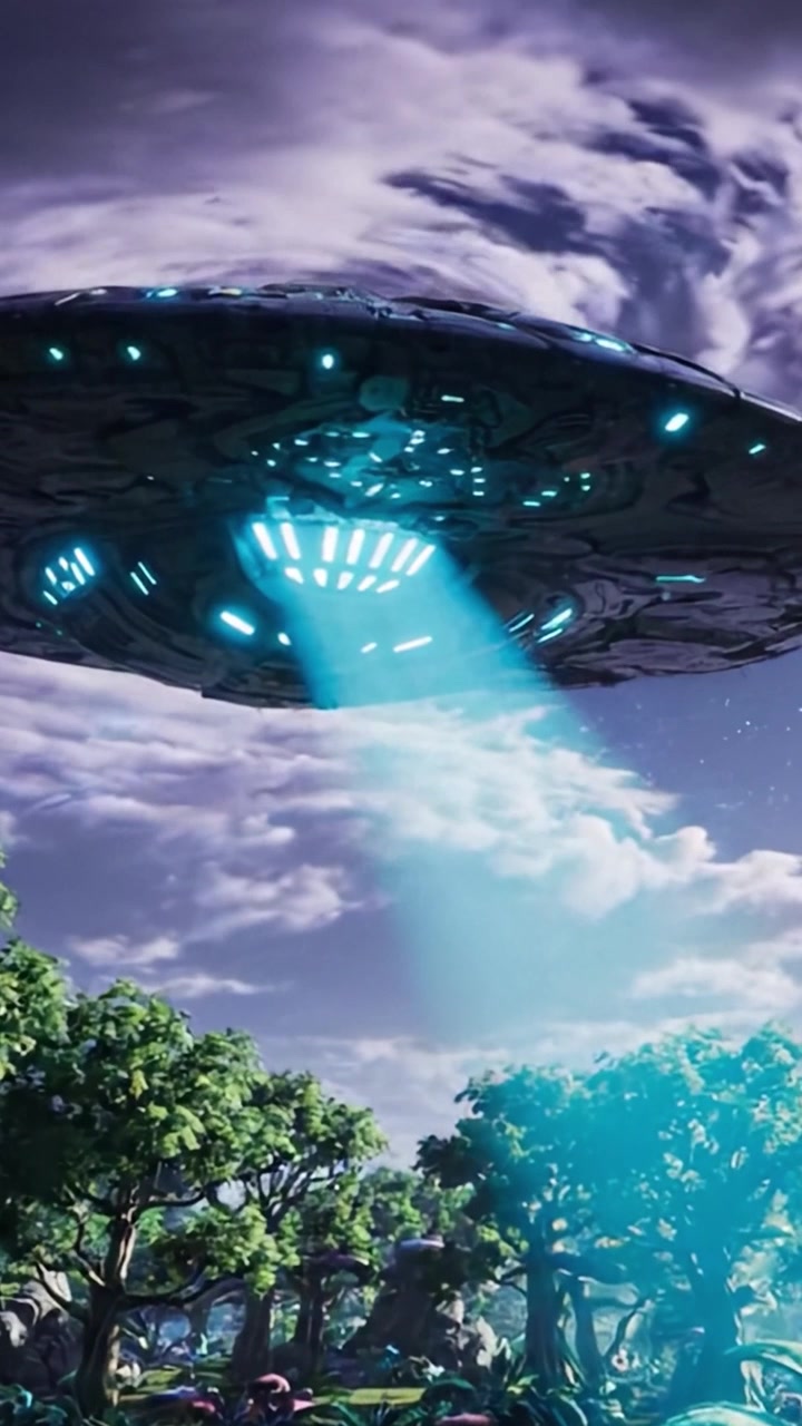 A Mysterious UFO Hovers Above an Enchanted Forest in a Captivating Scene of Extraterrestrial Wonder and Natural Beauty