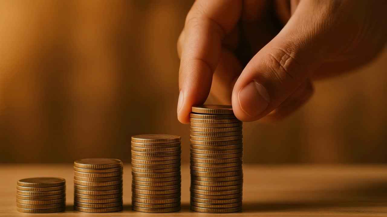 Close-up video of a hand stacking coins, symbolizing financial growth