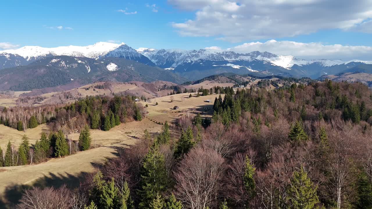 montañas cubiertas de nieve y bosques exuberantes en un día soleado, vista aérea