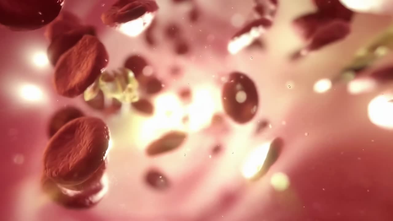 Close-up video of red blood cells flowing through a vein, captured from a dynamic angle