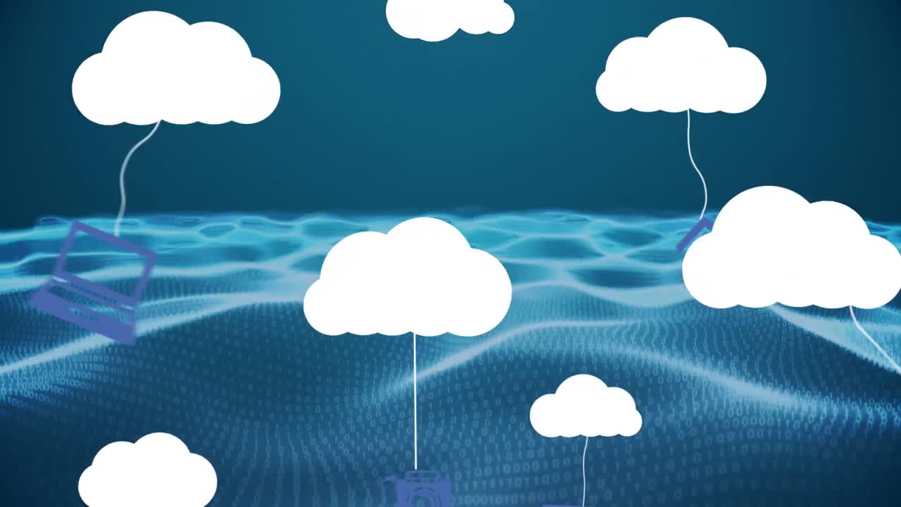 animación de iconos de nubes y ondas sobre fondo oscuro