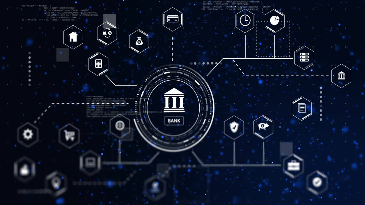 animación de la red de conexiones con íconos y procesamiento de datos sobre puntos en fondo negro