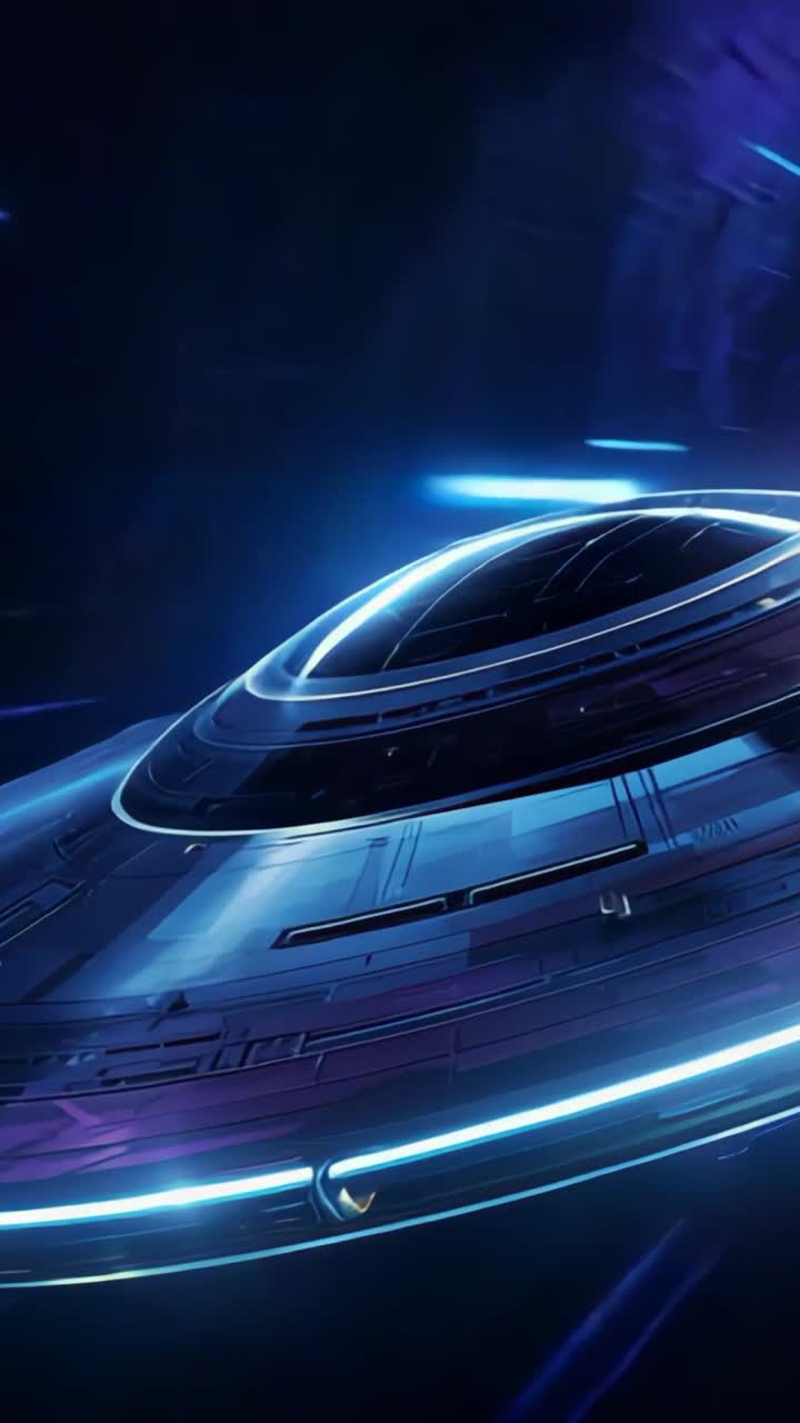 Vertical video: Disc-shaped spacecraft emerging from void, gliding in tunnel with neon light trails